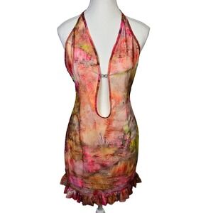 AKIRA Cut Out Lace Mini Halter Dress Pink Orange Floral Print Open Back Size L
